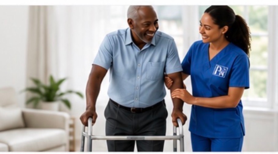 Healthcare worker assisting senior patient